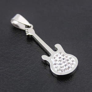 Sparkling stainless steel electric guitar pendant necklace with white crystals for music lovers