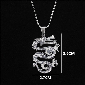 Polished stainless steel dragon pendant necklace for men with intricate hollow scale details