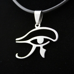 Polished silver Eye of Horus stainless steel pendant necklace on black cord with dark background