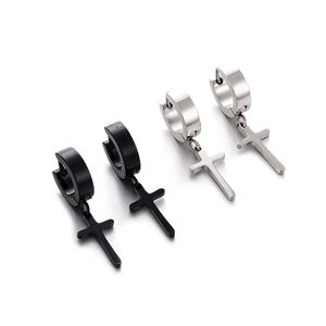 Boucles d'Oreilles Créoles avec Pendentif en Croix en Acier Inoxydable pour Hommes Femmes Punk Gothique Minimaliste Poli Noir Argent Bijoux