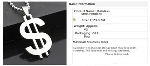 Detail view of a stainless steel dollar sign pendant measuring 2.1 by 3.3 cm with a shiny finish
