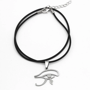 Egyptian Eye of Horus pendant necklace with double black cord and silver tone finish