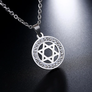 Stainless Steel Hexagram Pendant Necklace Round Inlaid Rhinestone Star Of David Geometric Jewelry For Unisex Daily Jewelry Gift