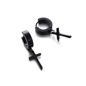 Boucles d'oreilles anneaux de 4mm en acier inoxydable noir avec pendentif croix tendance