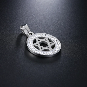Polished stainless steel Star of David pendant with white zircon halo on black background