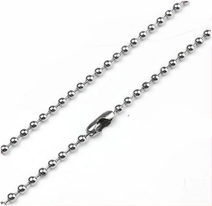Close-up of 2.4mm stainless steel ball chain with cylindrical connector and silver finish