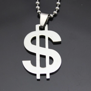 Polished silver dollar sign pendant with ball chain showing high gloss metal details