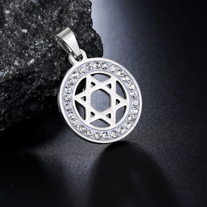 Polished stainless steel circle necklace with hexagram star pendant and white rhinestones