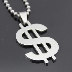 Polished stainless steel dollar sign pendant necklace with bead chain on black background