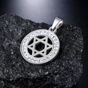 Polished stainless steel circular hexagram pendant with clear rhinestones on black stone