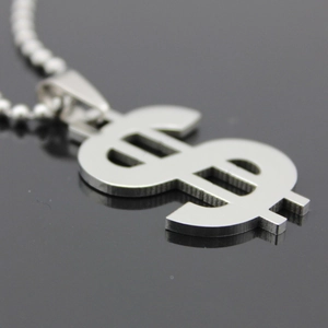 Polished stainless steel dollar sign pendant necklace with bead chain on black background