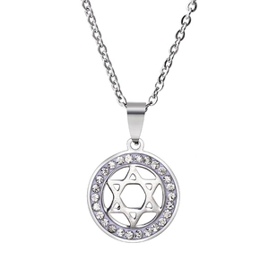 Polished stainless steel Star of David pendant necklace with crystal pavé and purple inlay