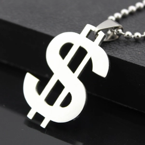 Sleek stainless steel dollar sign pendant necklace with bead chain on black display