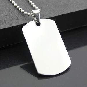 Polished stainless steel rectangular dog tag necklace with a minimalist ball chain link