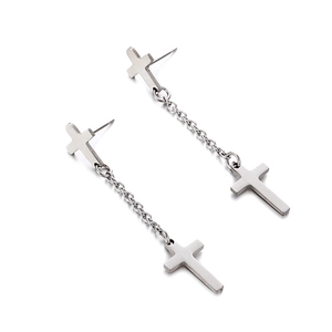 Minimalist titanium steel cross drop earrings with chain links for a punk style look