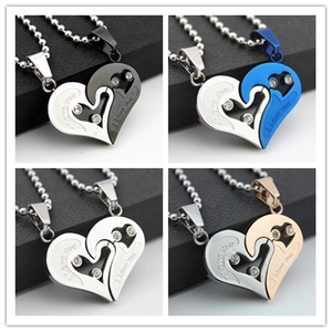 Pendentif Cœur Puzzle en Acier Inoxydable Collier Couple Strass Gravure I Love You Bijoux Pour Amoureux Sans Chaîne