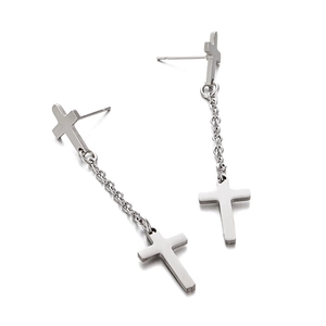 Polished silver titanium steel cross drop earrings with long chain in punk style