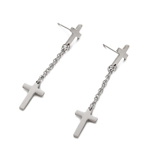 Polished stainless steel cross dangle earrings with long chain link for a gothic look