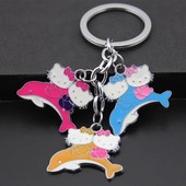 Detailed view of metal dolphin keychains in pink, blue, and yellow with cartoon cat heads