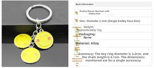 Detailed view of yellow smiley keychains with size measurements in centimeters
