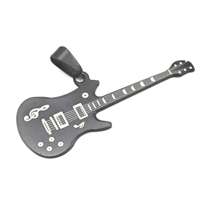 Pendentif guitare en acier inoxydable noir avec notes de musique et clé de sol argentées