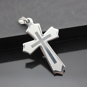 Polished stainless steel double layer cross pendant with matte grey center detail