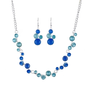 Parure de bijoux bleu émail avec collier et boucles d'oreilles aux gouttes géométriques rondes