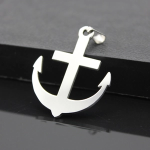 Polished stainless steel nautical anchor pendant necklace with silver metallic finish