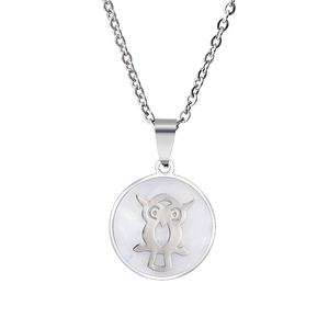 Fashionable stainless steel owl pendant necklace with silver finish and shell inlay