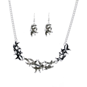 Classic silver leaf jewelry set featuring a necklace and hook earrings with black oil finish