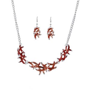 Classic ribbon leaf jewelry set with red-brown enamel inlay and silver-plated necklace