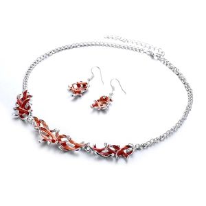 Classic silver alloy jewelry set with orange enamel leaf pattern necklace and earrings