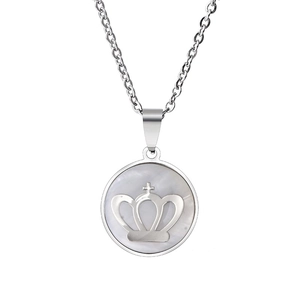 Stainless steel necklace with crown pendant on a round mother of pearl inlay