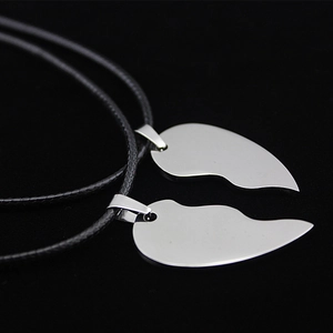 High polished stainless steel split heart pendant necklace for couples with black cord