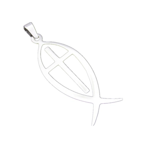 Pendentif poisson Ichthys poli en acier inoxydable avec croix sur fond blanc