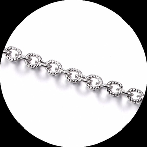 Close-up of silver stainless steel chain link with diamond-cut texture and oval buckle