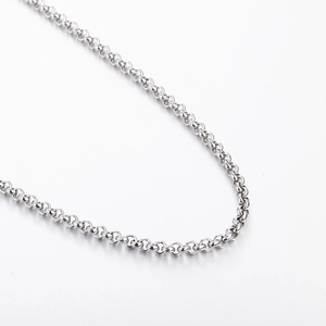 Detailed close-up of polished stainless steel silver rollo chain with classic round links