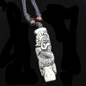 Vintage resin dragon totem pendant necklace with faux bone texture and black woven cord