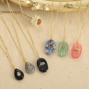 Bohemian Hamsa Hand and teardrop natural stone pendant necklaces in various colors