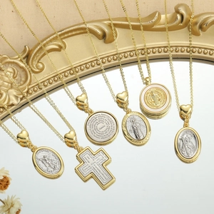 Copper Zirconia Religious Pendant Necklace For Women St Benedict Medal Cross Virgin Mary Bicolor Shell Inlaid Jewelry