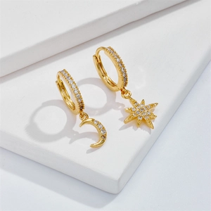 Asymmetric Star Moon Hoop Earrings 14k Gold Plated Copper Inlaid Zirconia Celestial Jewelry For Women Girls Fashion Dainty Gift