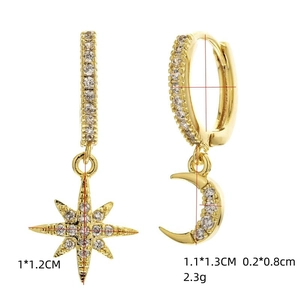 Asymmetric 14k gold plated star and moon hoop earrings with cubic zirconia pave stones
