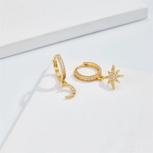Asymmetric 14k gold plated star and moon hoop earrings with cubic zirconia stones