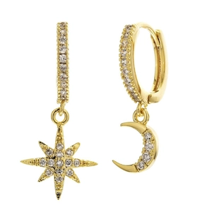 Asymmetric 14k gold plated star and moon hoop earrings with cubic zirconia stones