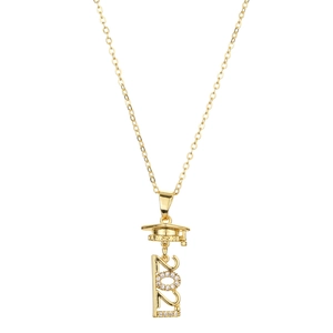 Detail of gold graduation necklace with Class of 2021 doctoral cap and crystal pendant