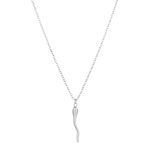 Polished silver cornicello horn pendant necklace with a fine chain on white background