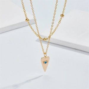 Double Layer Evil Eye Heart Pendant Necklace For Women Gold Plated Alloy Paperclip Link Chain Boho Minimalist Jewelry Gift