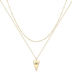 Double-layered gold necklace featuring a heart pendant with a blue evil eye design