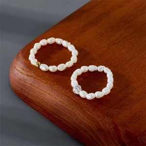 Natural Baroque Freshwater Pearl Ring For Women 14k Gold Plated Copper Beaded Elastic Finger Ring French Vintage Zirconia Jewelry