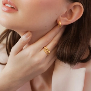 French style open ring with gold beads and matching double hoop earrings for women